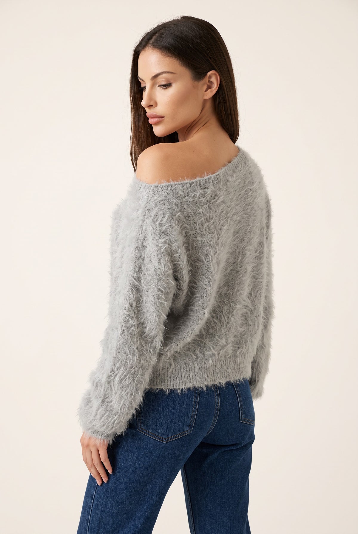 Gray plush strapless sweater, back view