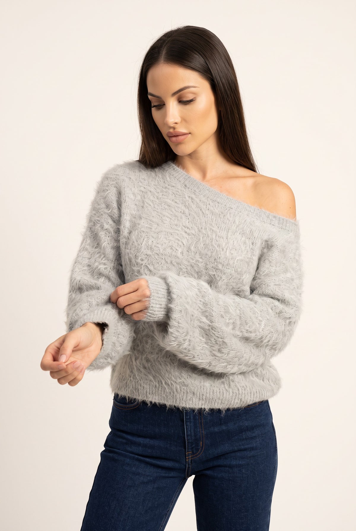 Gray plush strapless sweater, front view