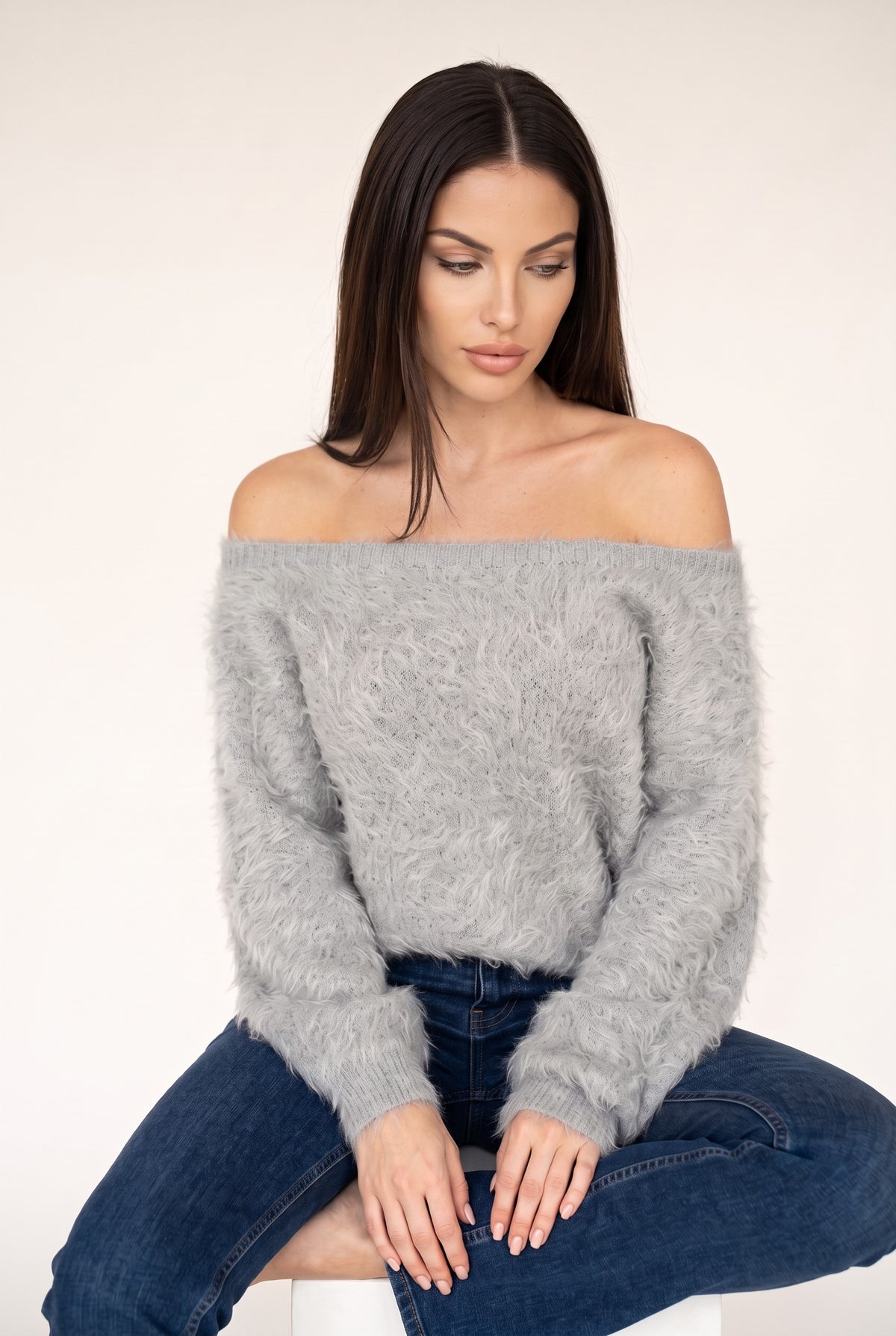 Gray plush strapless sweater, off shoulder