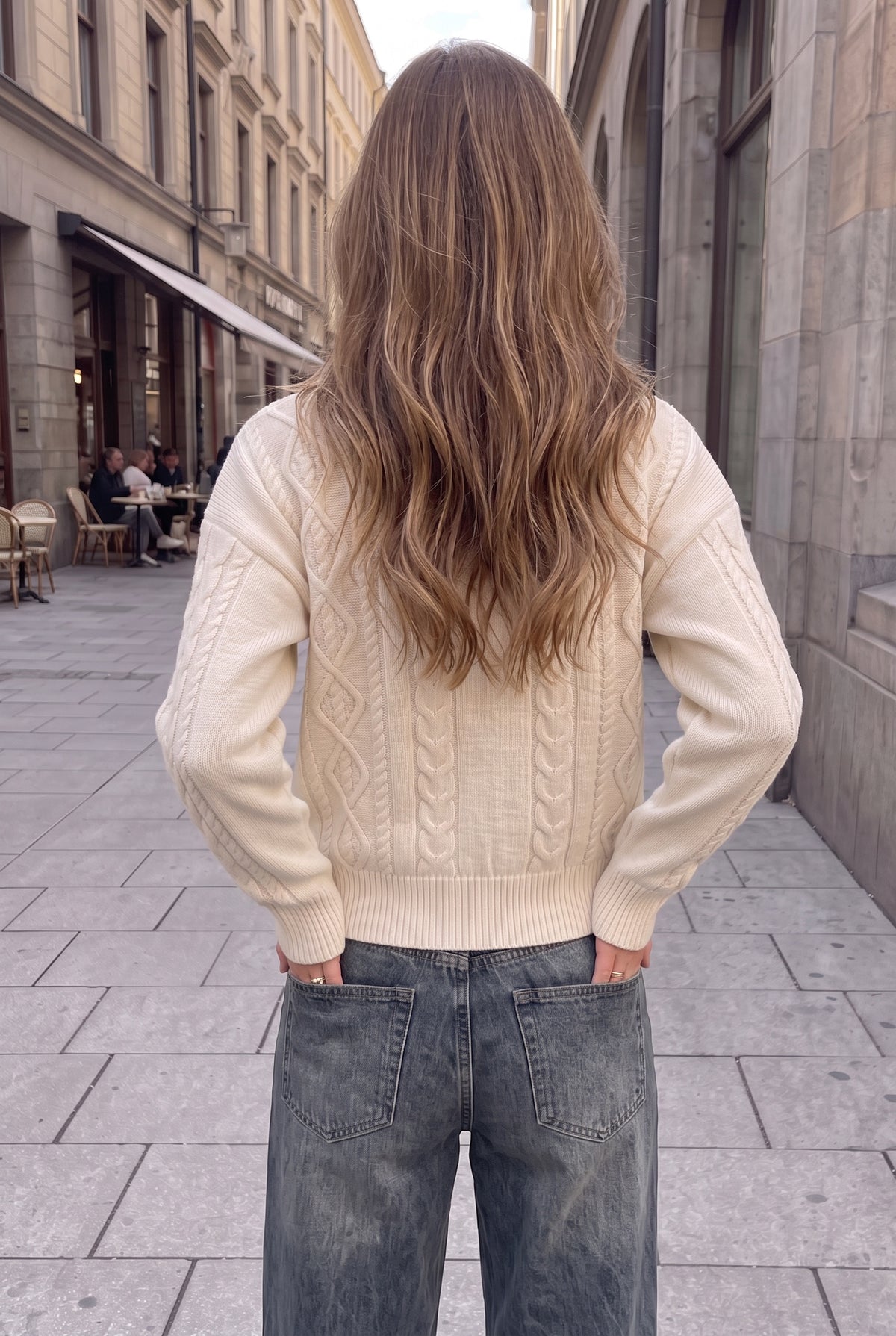 Beige cashmere cardigan, back view