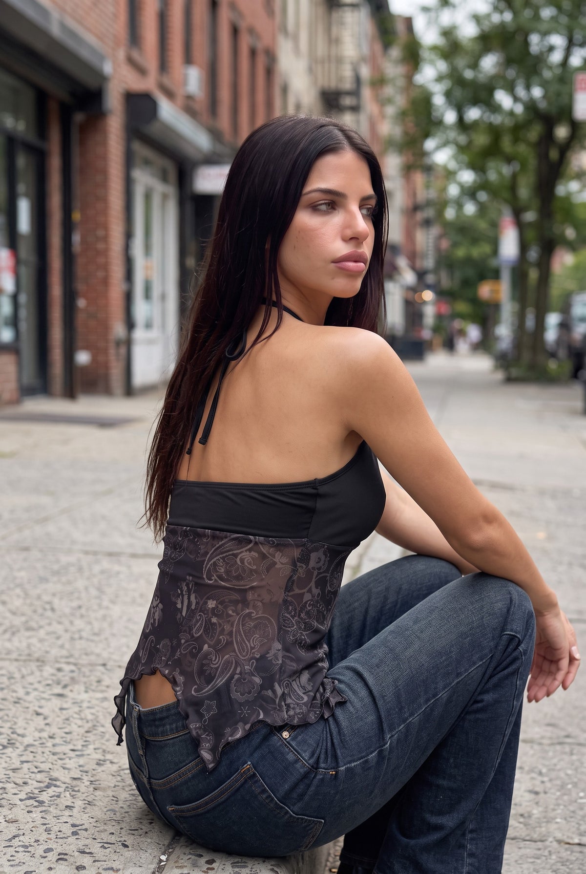 Black printed halter top, back view