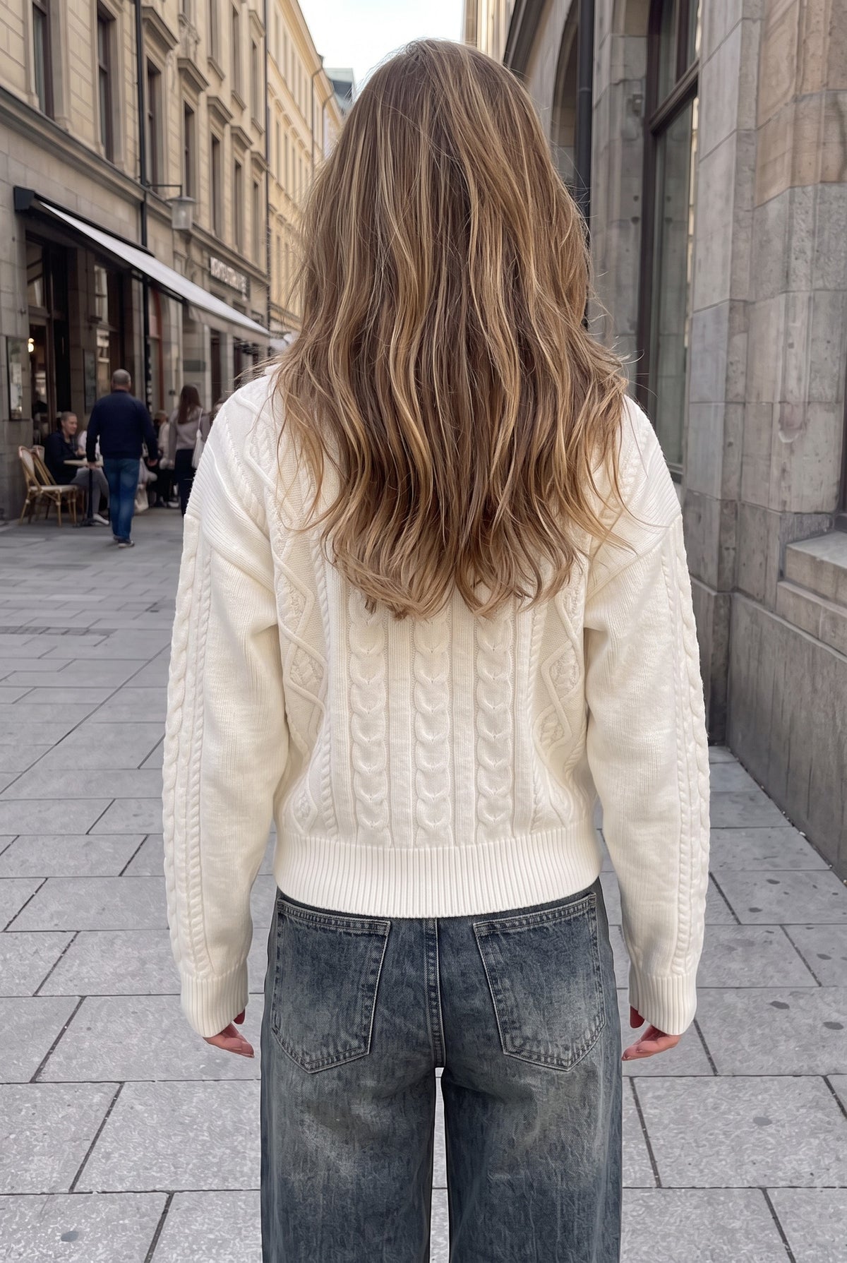 Cream cashmere cardigan, back view