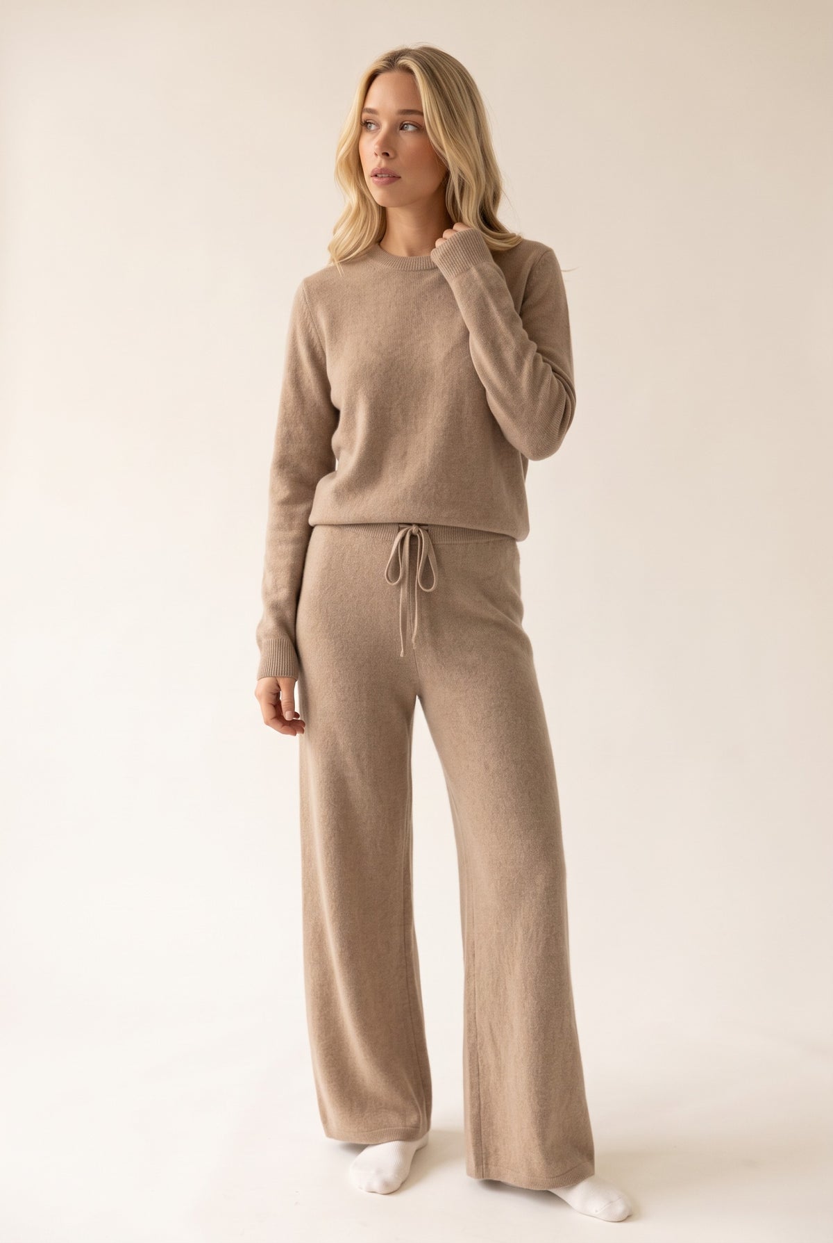 Camel cashmere trousers, standing