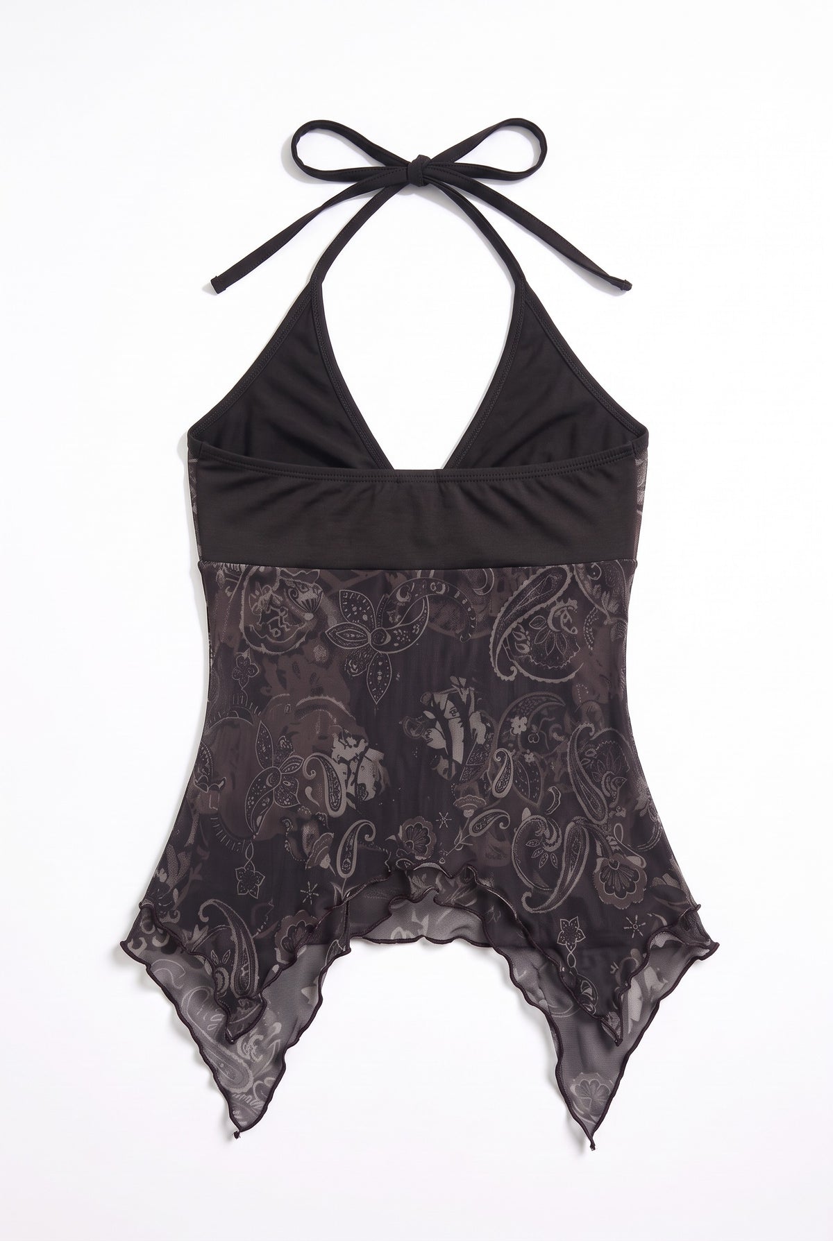 Black printed halter top, flat lay back