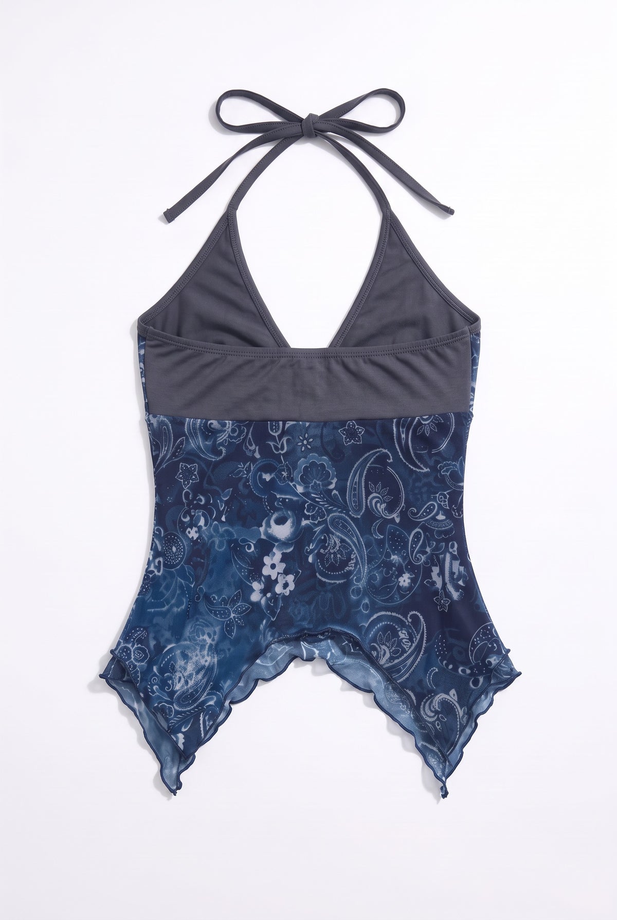 Blue printed halter top, flat lay back