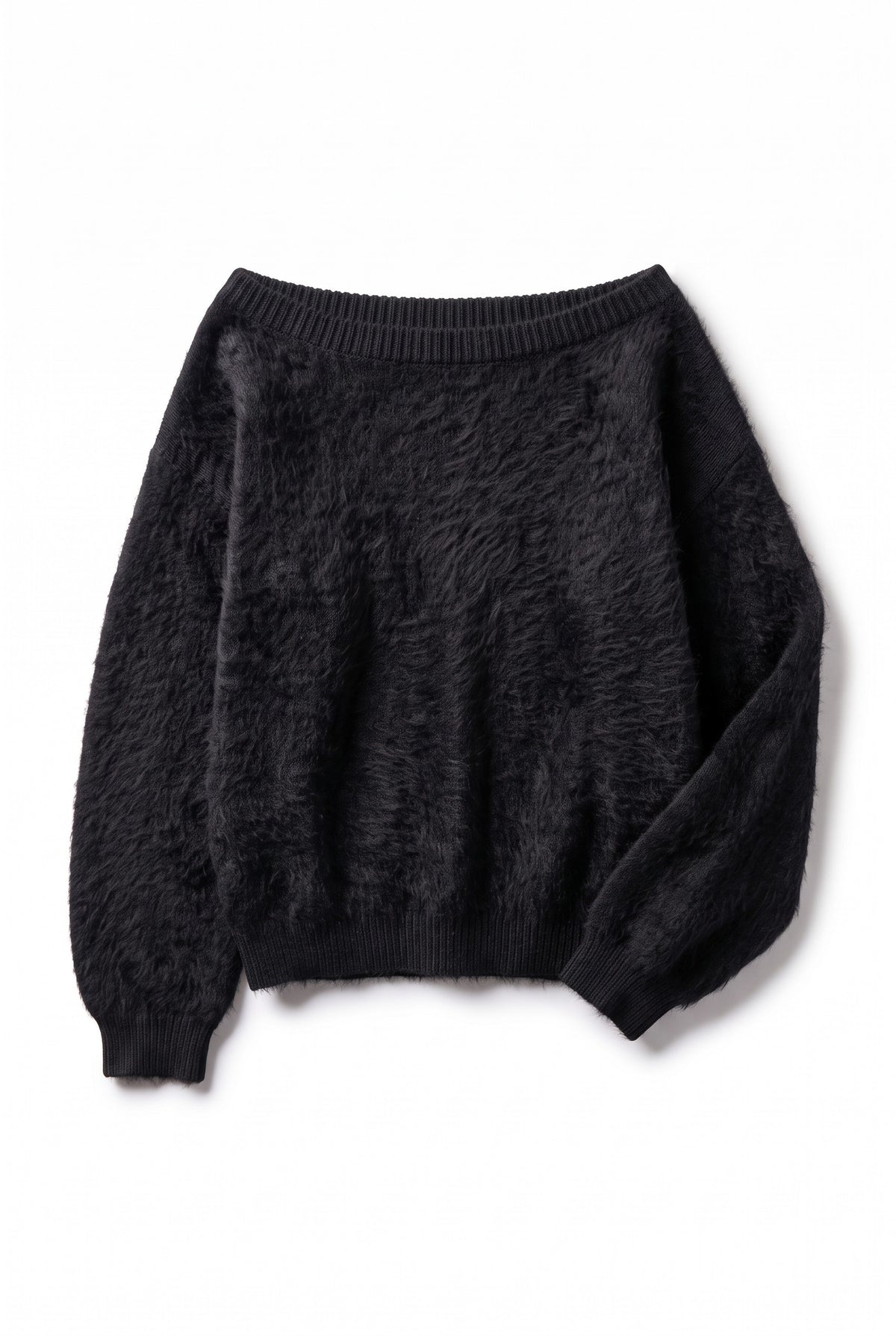 Black plush strapless sweater, flat lay