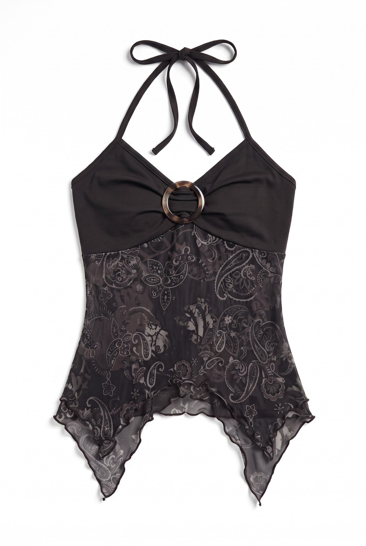 Black printed halter top, flat lay front