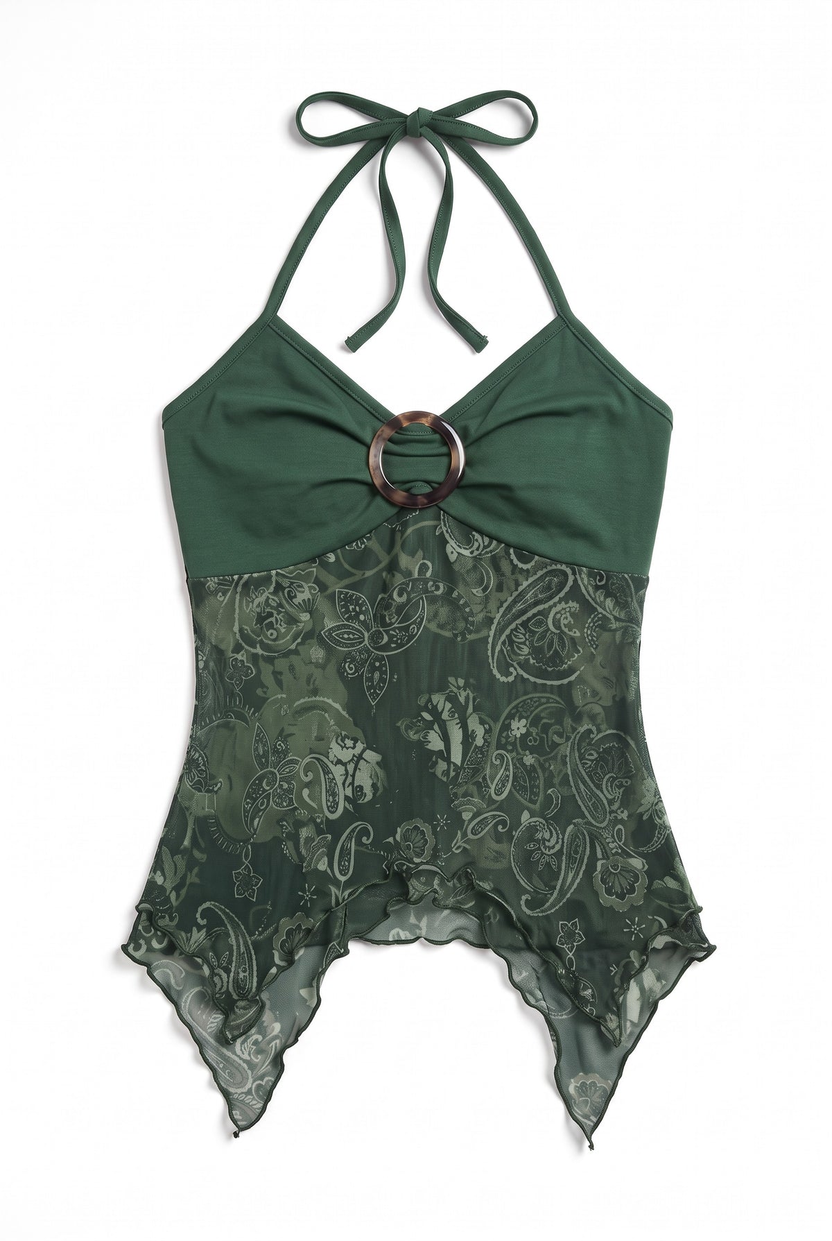 Green printed halter top, flat lay front