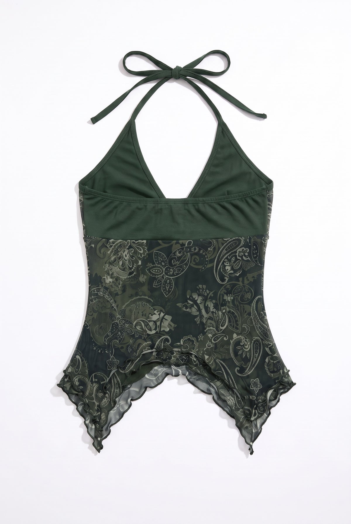 Green printed halter top, flat lay back