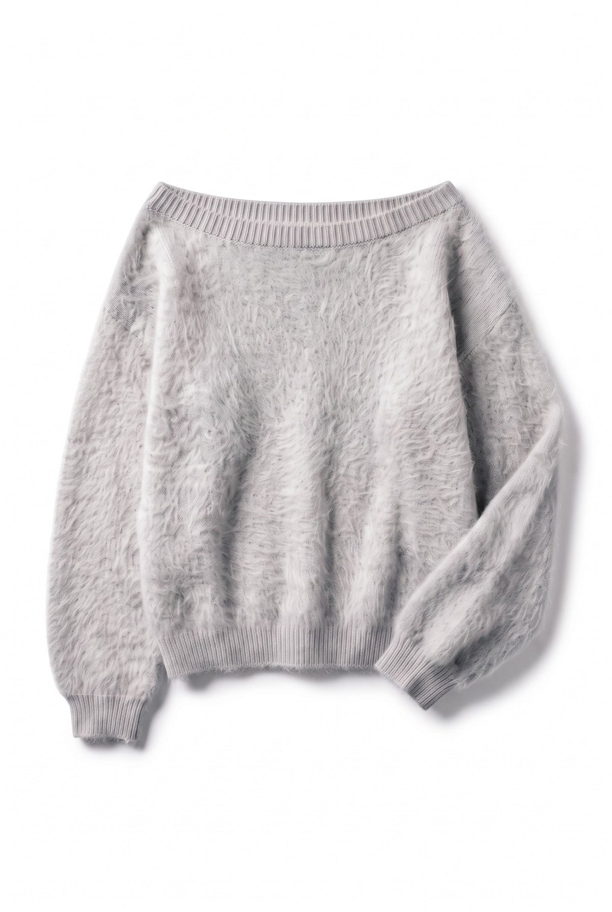 Gray plush strapless sweater, flat lay