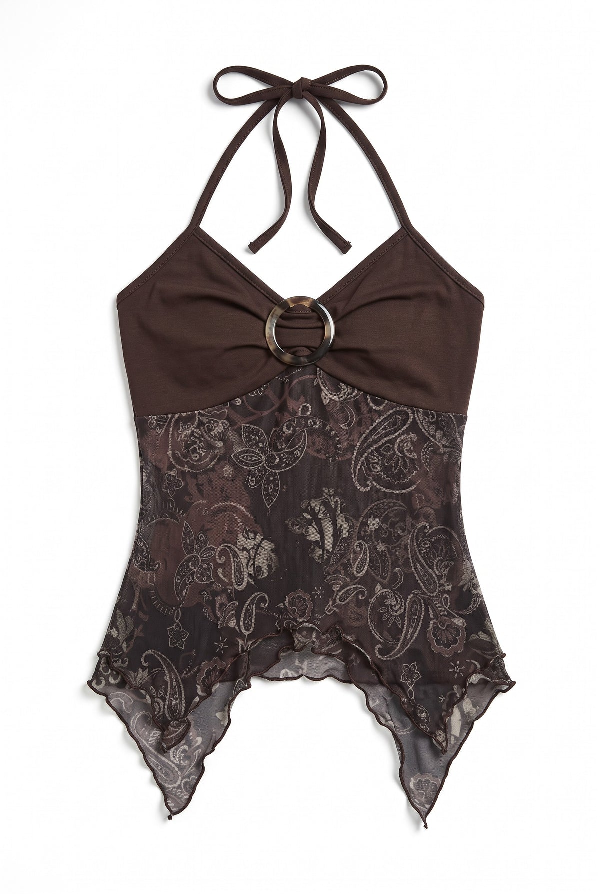 Brown printed halter top, flat lay front