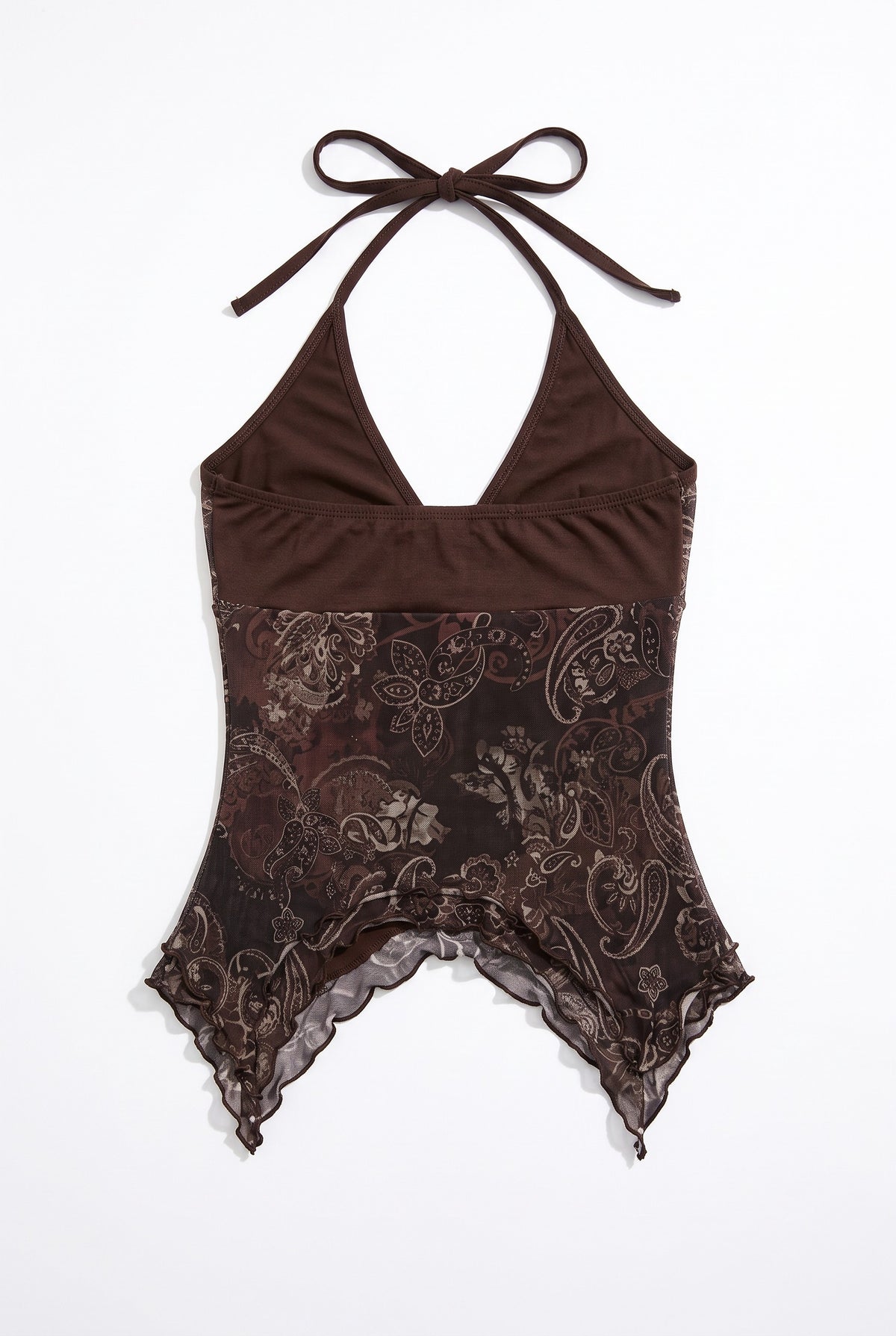 Brown printed halter top, flat lay back