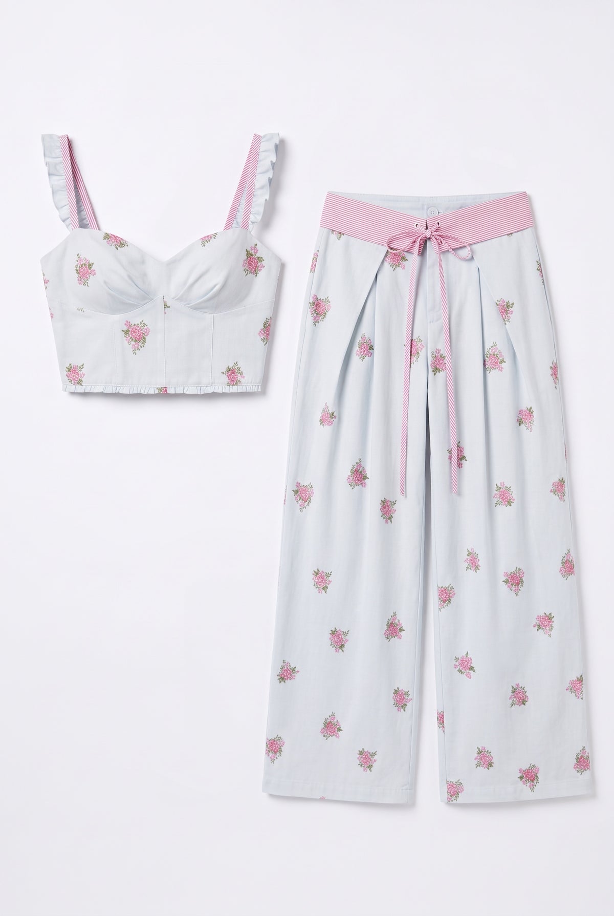 Powder blue floral set, flat lay