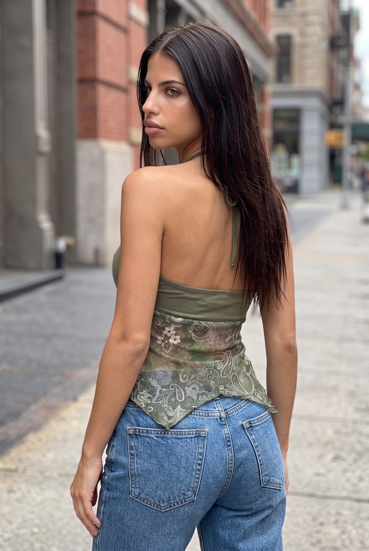 Green printed halter top, back view