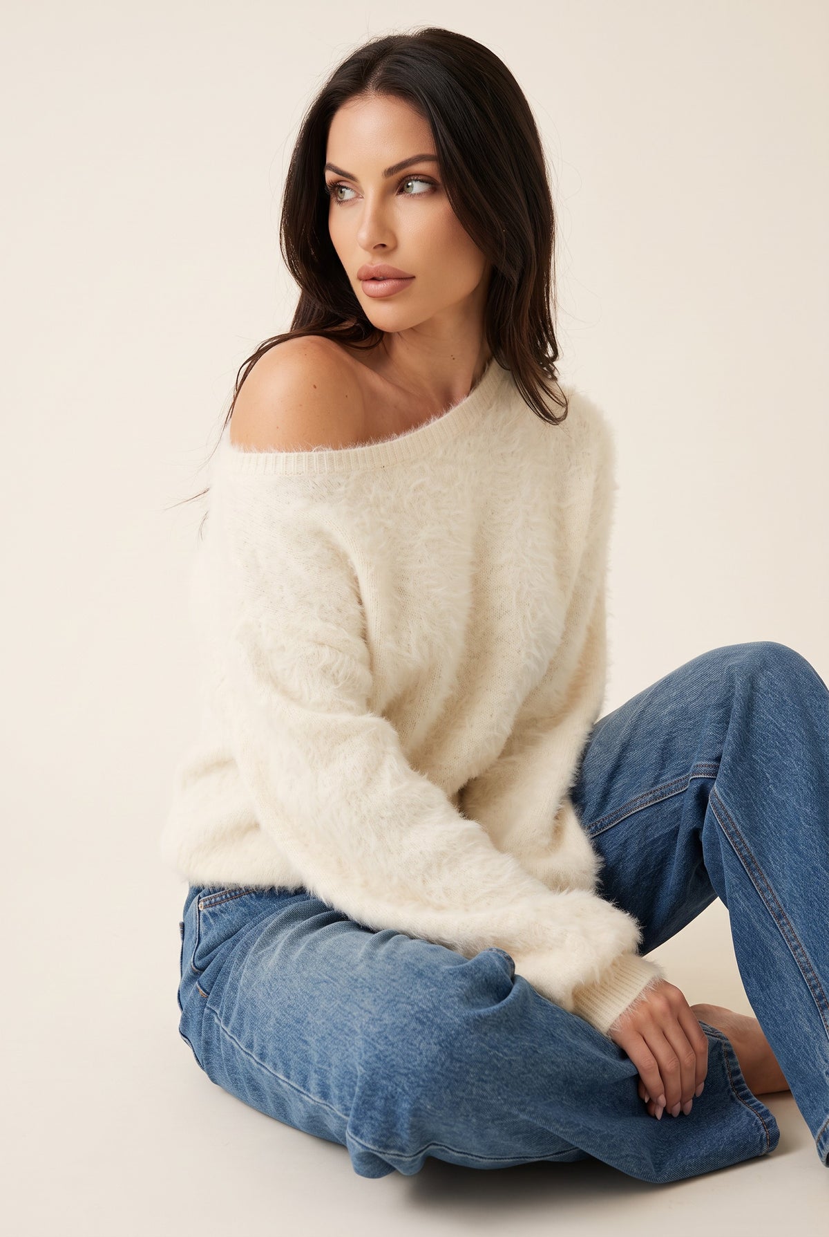 White plush strapless sweater, side view