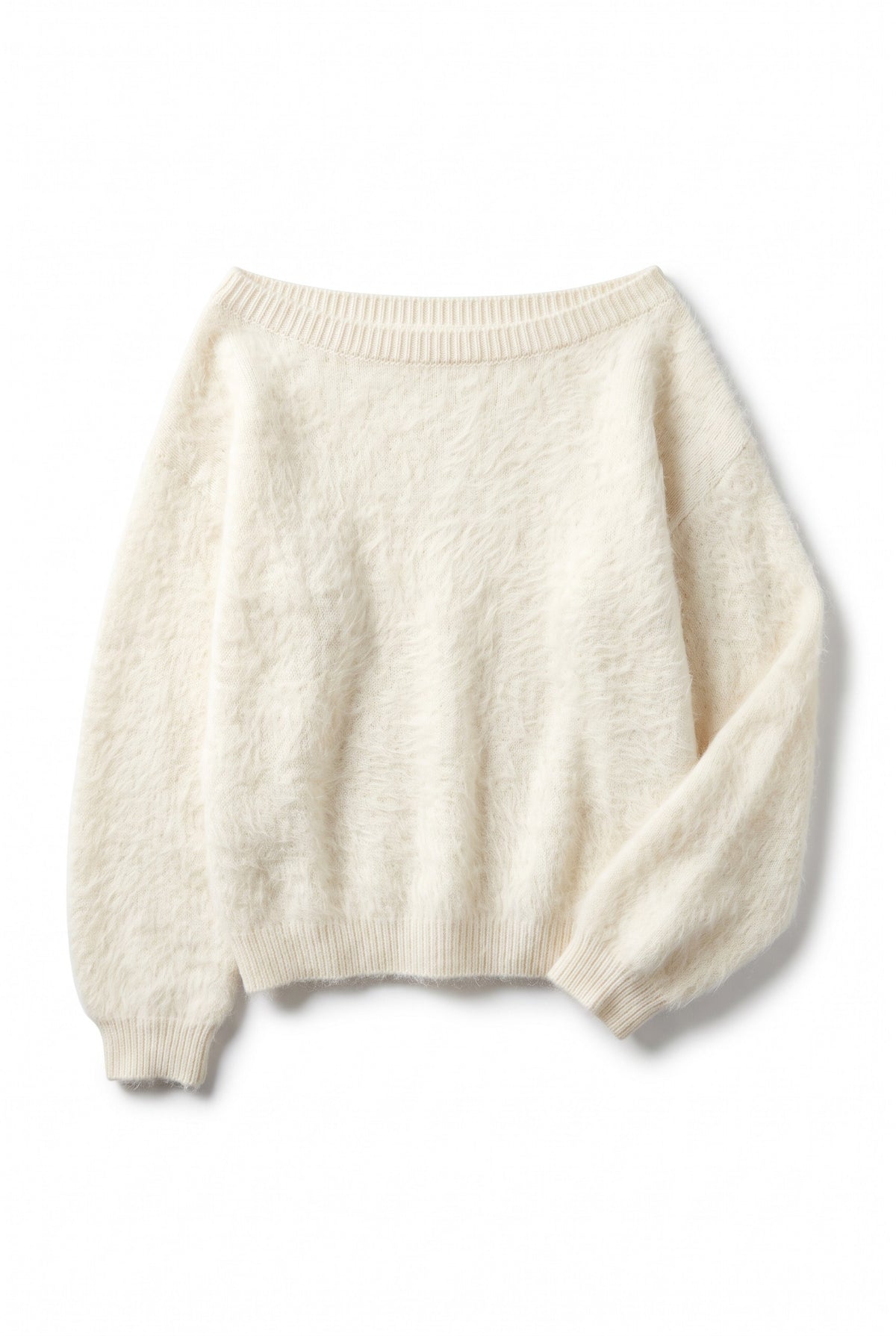 White plush strapless sweater, flat lay