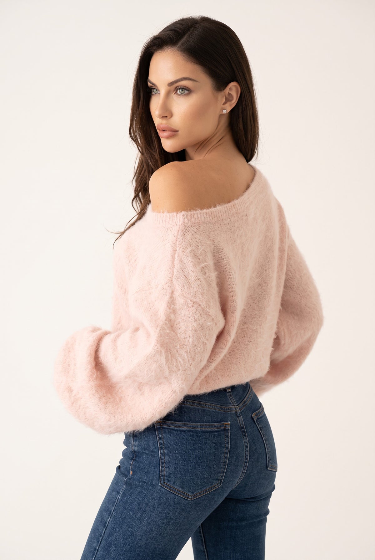 Pink plush strapless sweater, back view