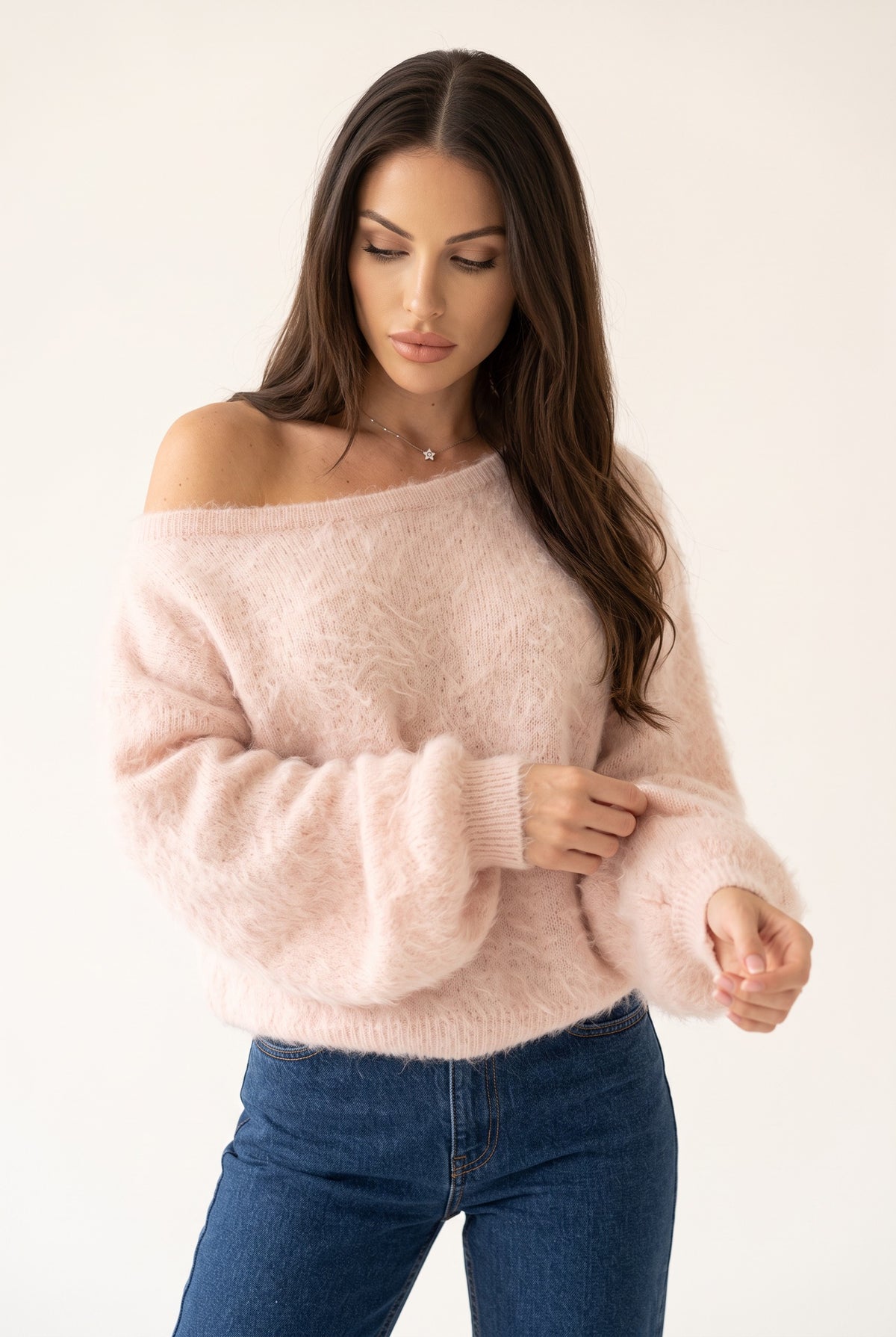 Pink plush strapless sweater, off shoulder