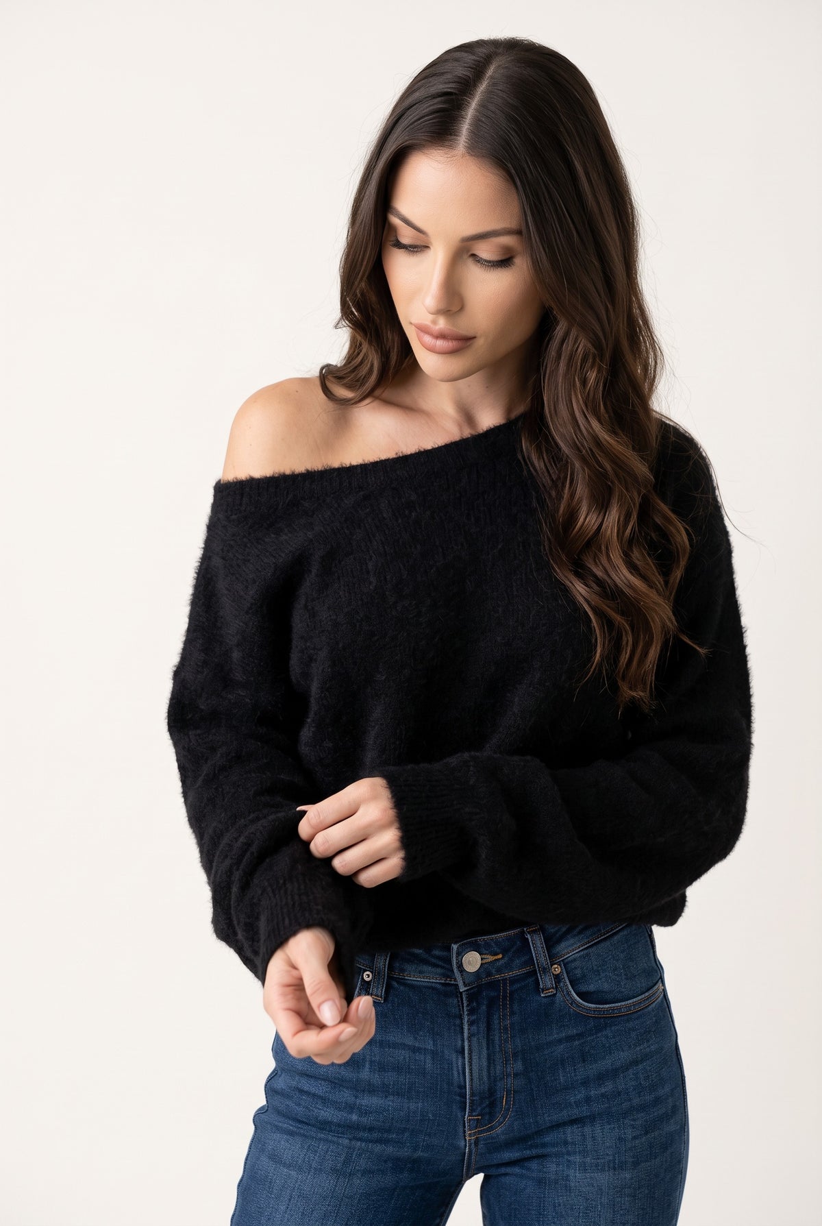Black plush strapless sweater, front view
