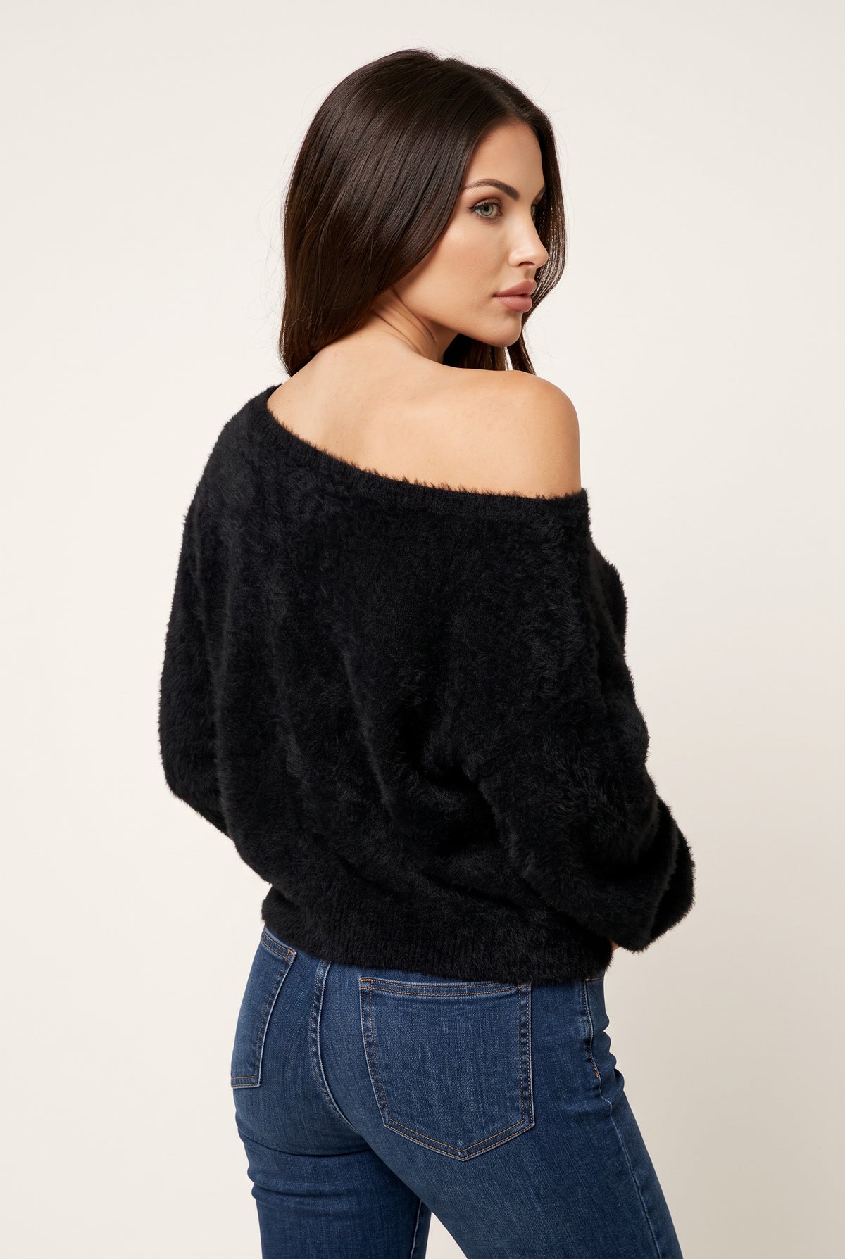 Black plush strapless sweater, back view