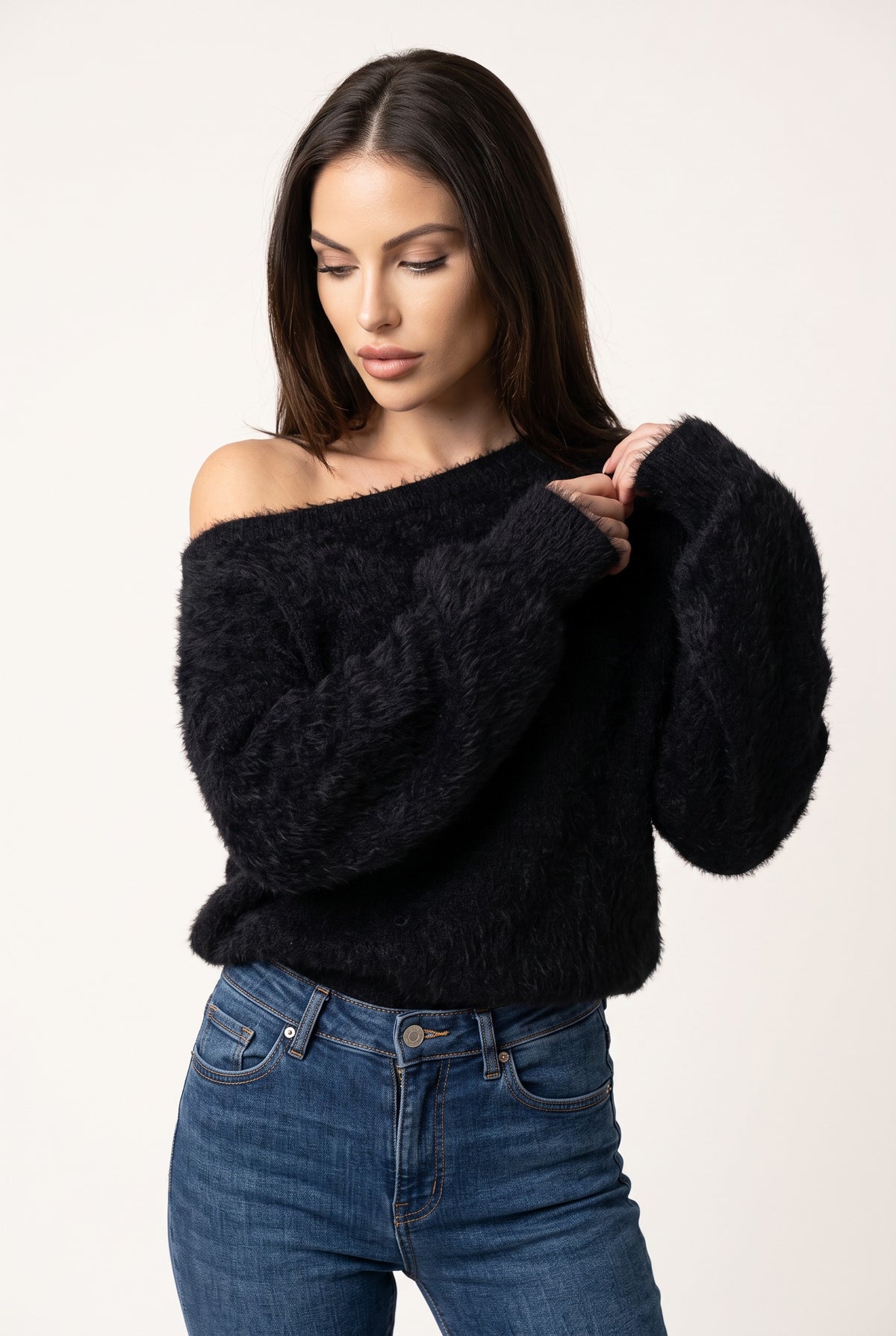 Black plush strapless sweater, off shoulder