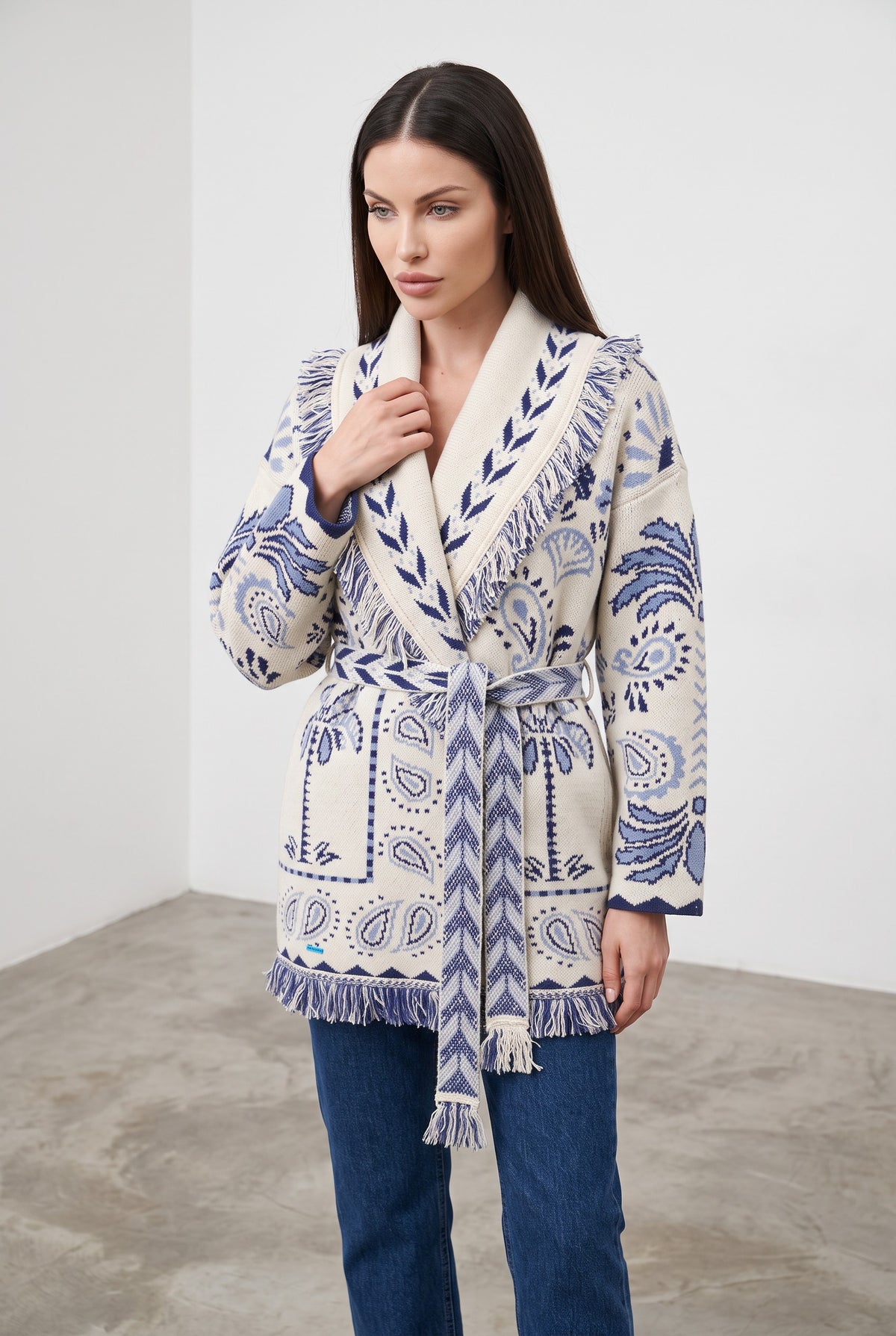 Light Blue & Navy knitted patchwork cardigan, front