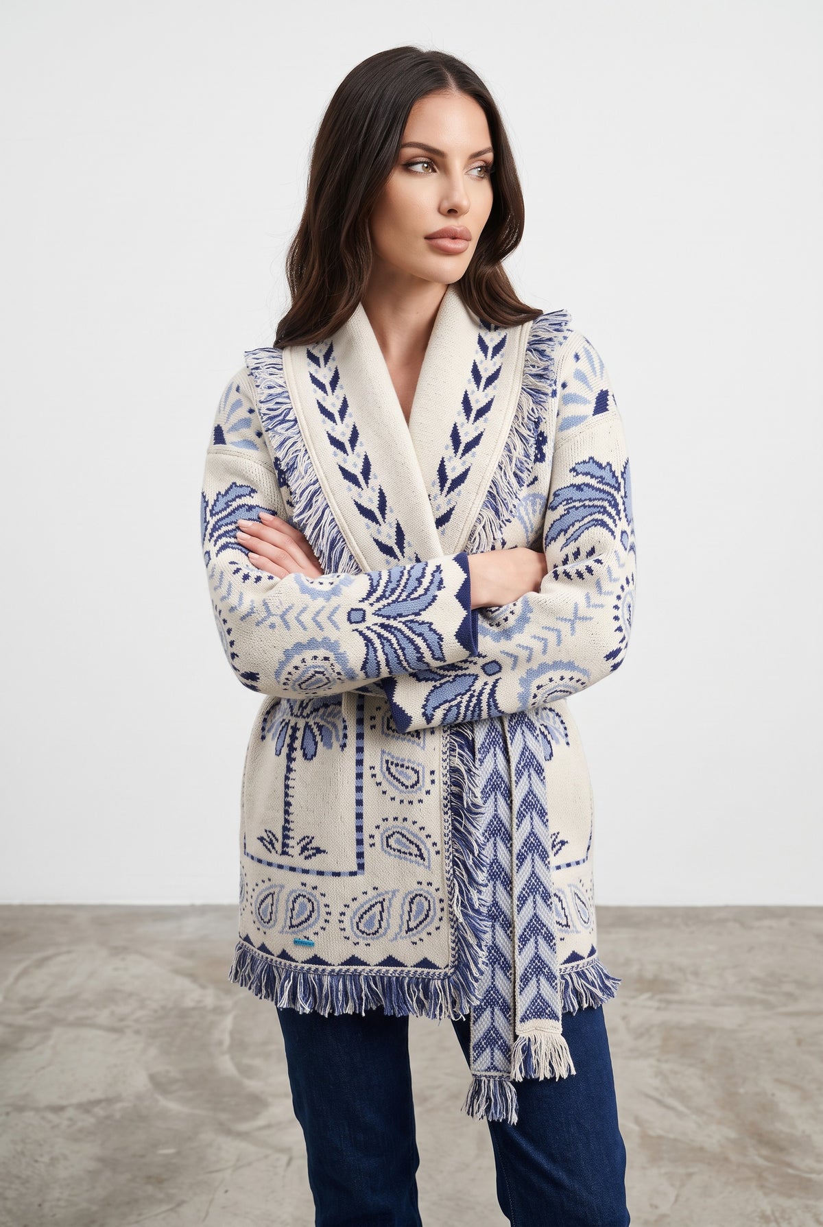 Light Blue & Navy knitted patchwork cardigan, arms crossed