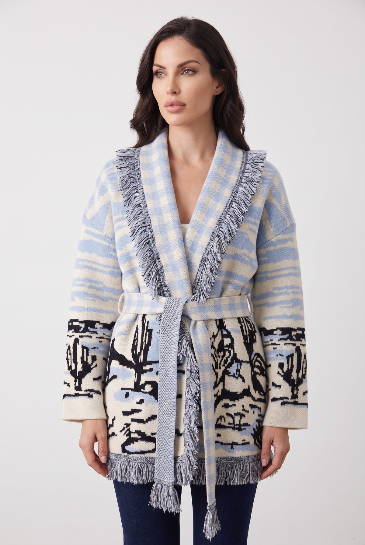Light Blue & Black knitted patchwork cardigan, full length