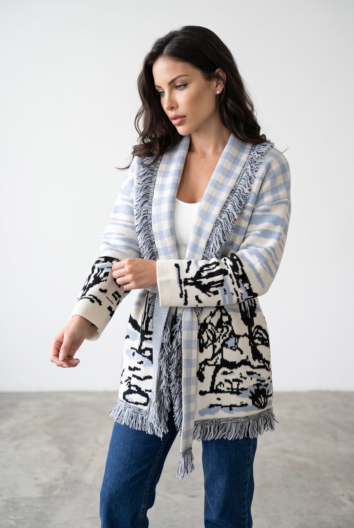 Light Blue & Black knitted patchwork cardigan, front