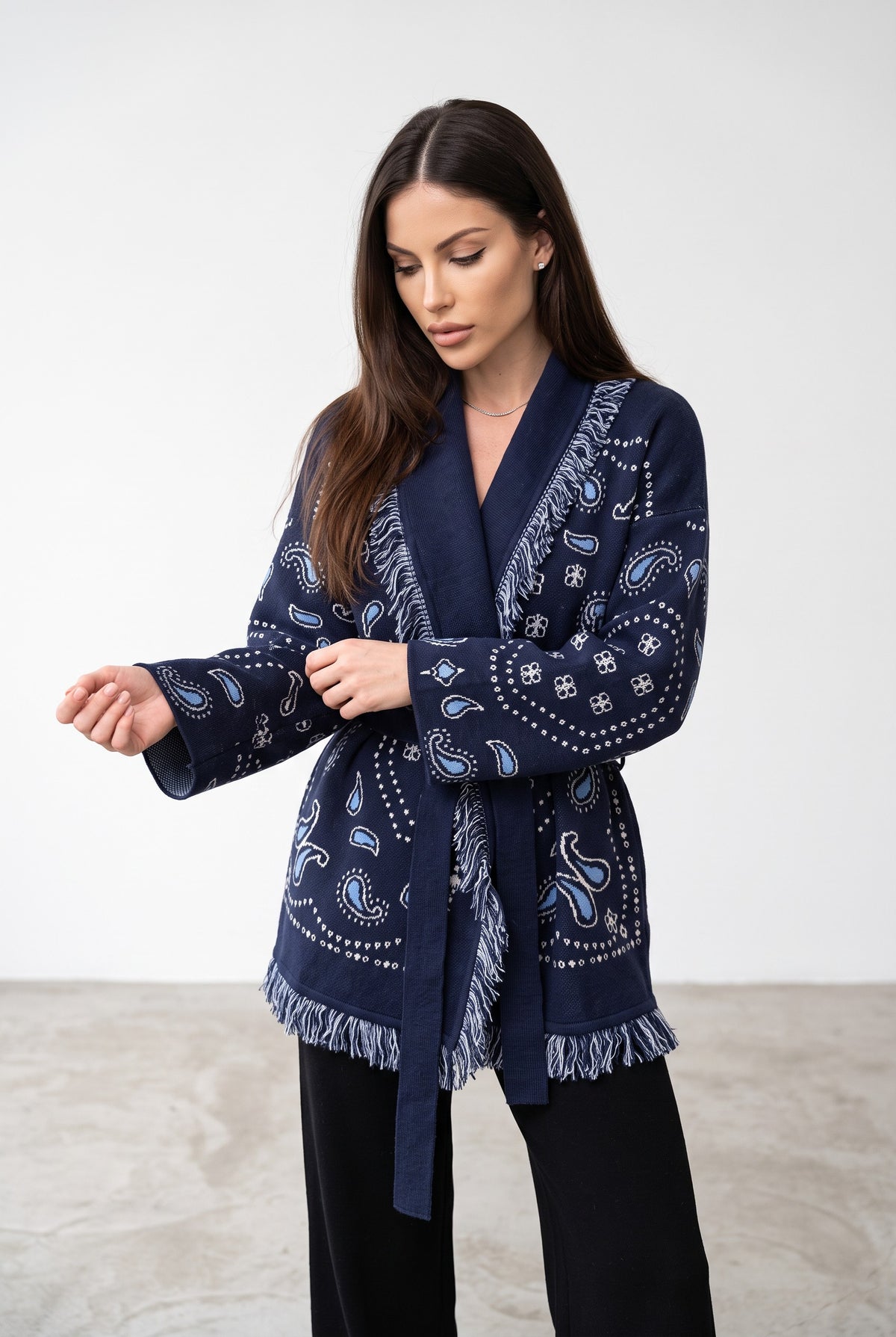 Dark Blue knitted patchwork cardigan, front