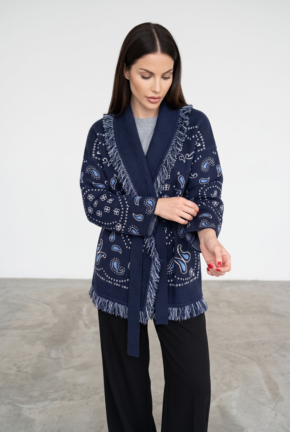 Dark Blue knitted patchwork cardigan, side