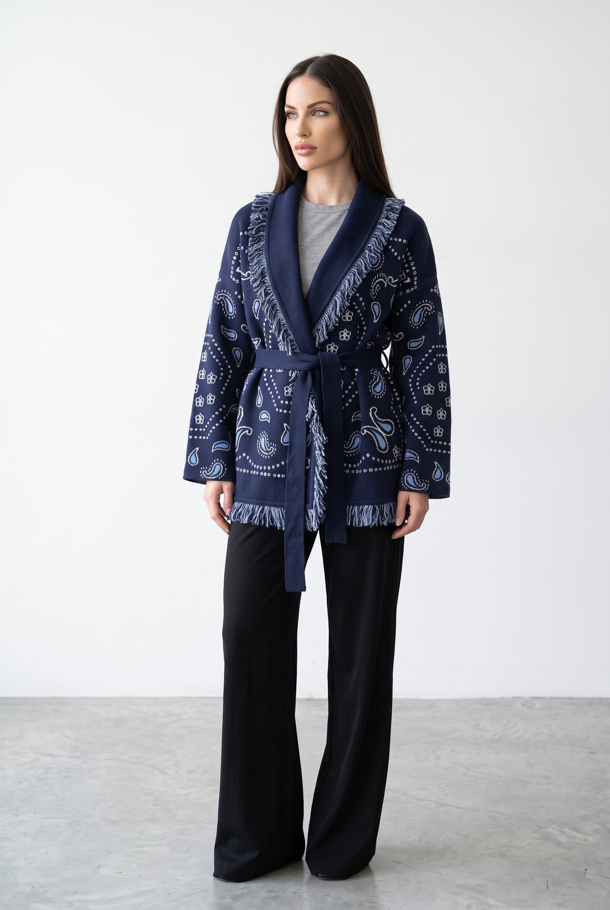 Dark Blue knitted patchwork cardigan, full length