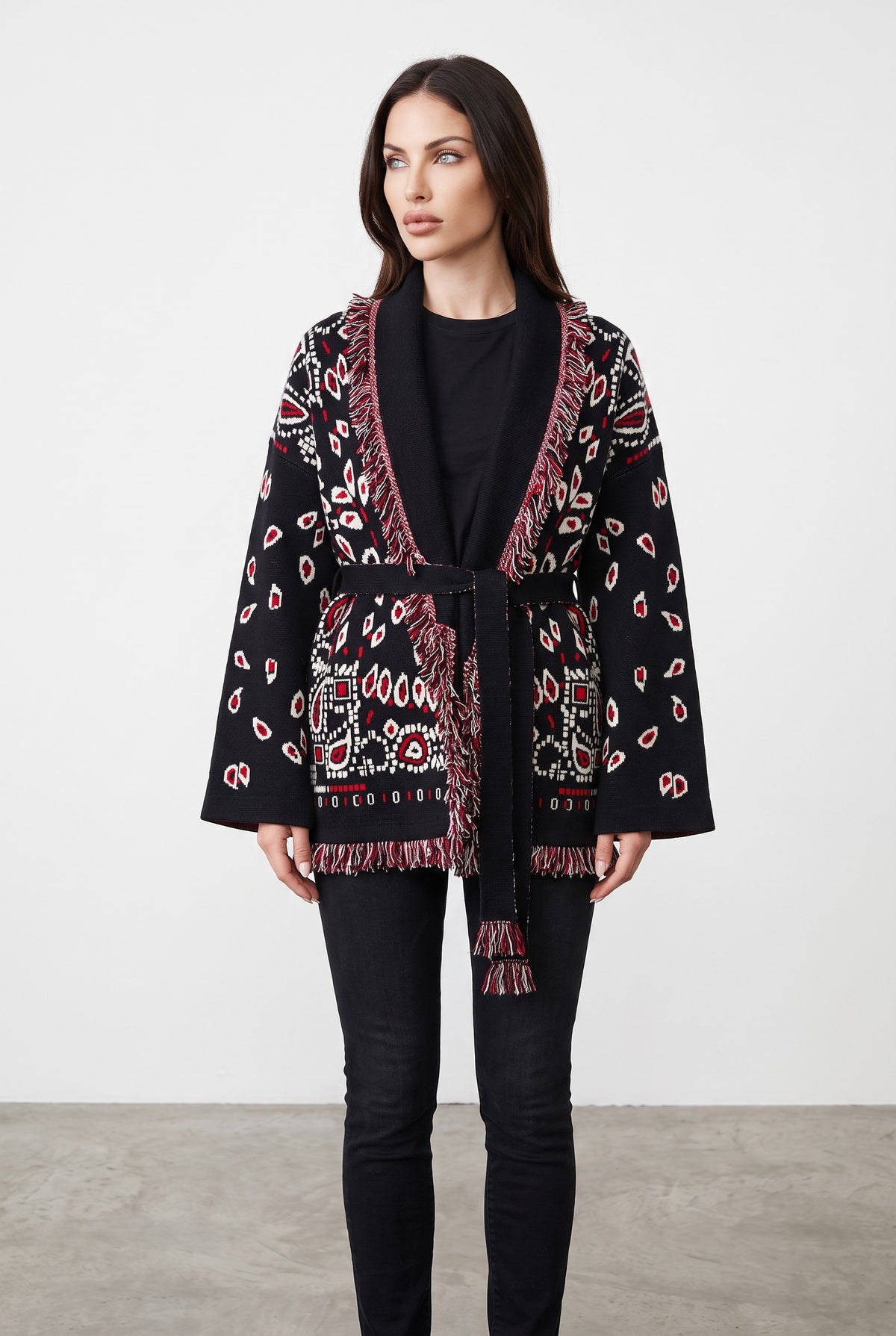 Black & Red knitted patchwork cardigan, full length
