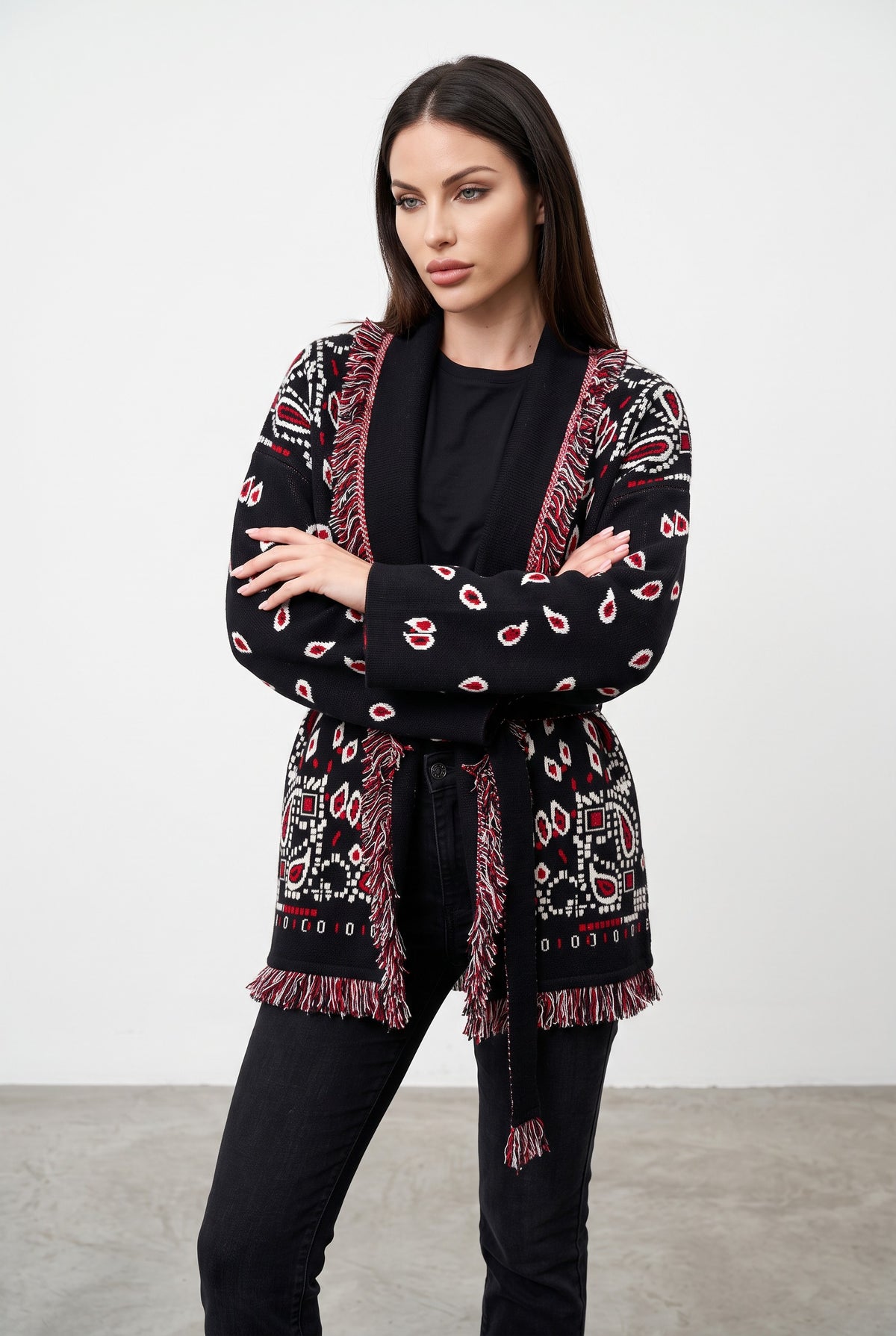 Black & Red knitted patchwork cardigan, front