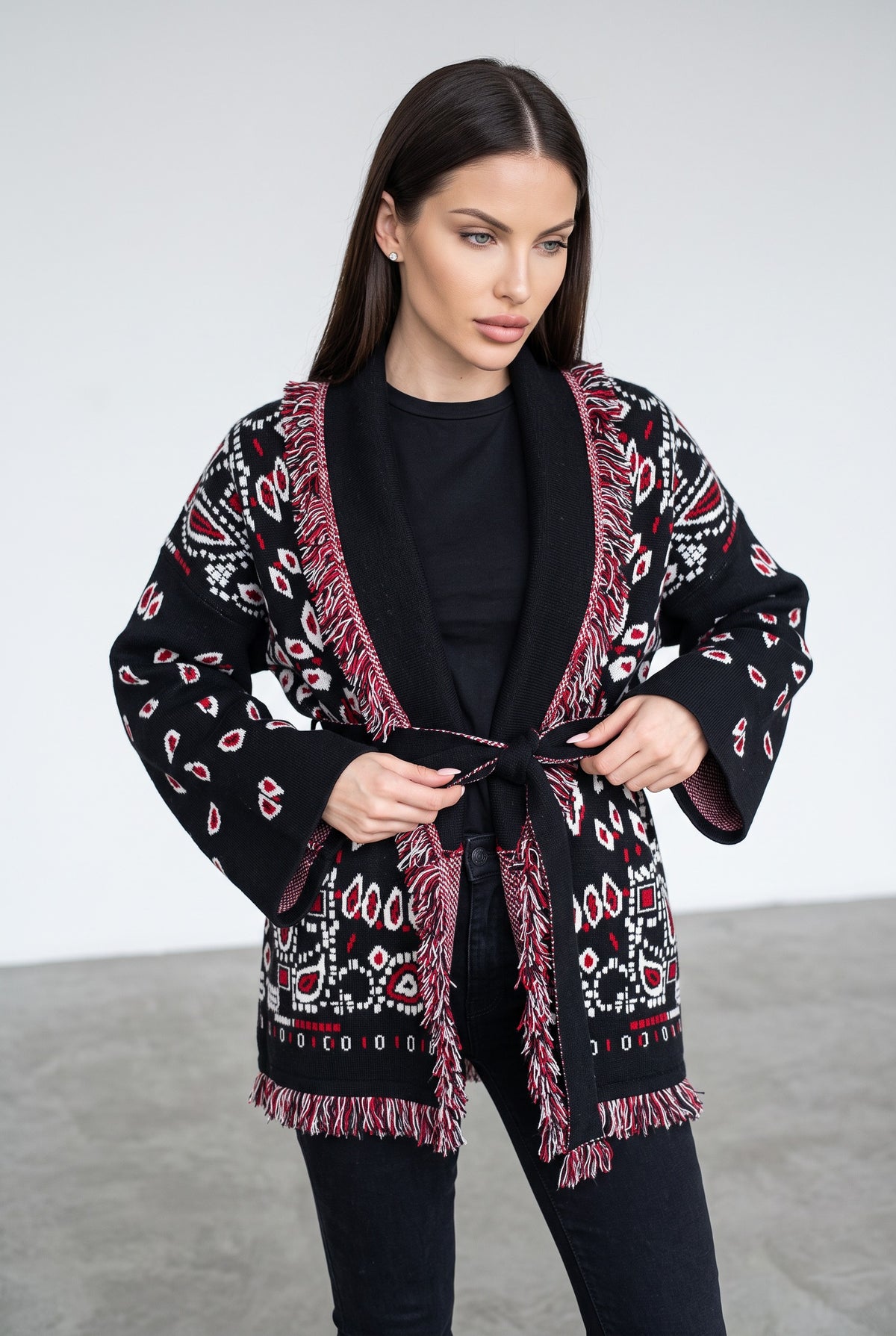 Black & Red knitted patchwork cardigan, arms open