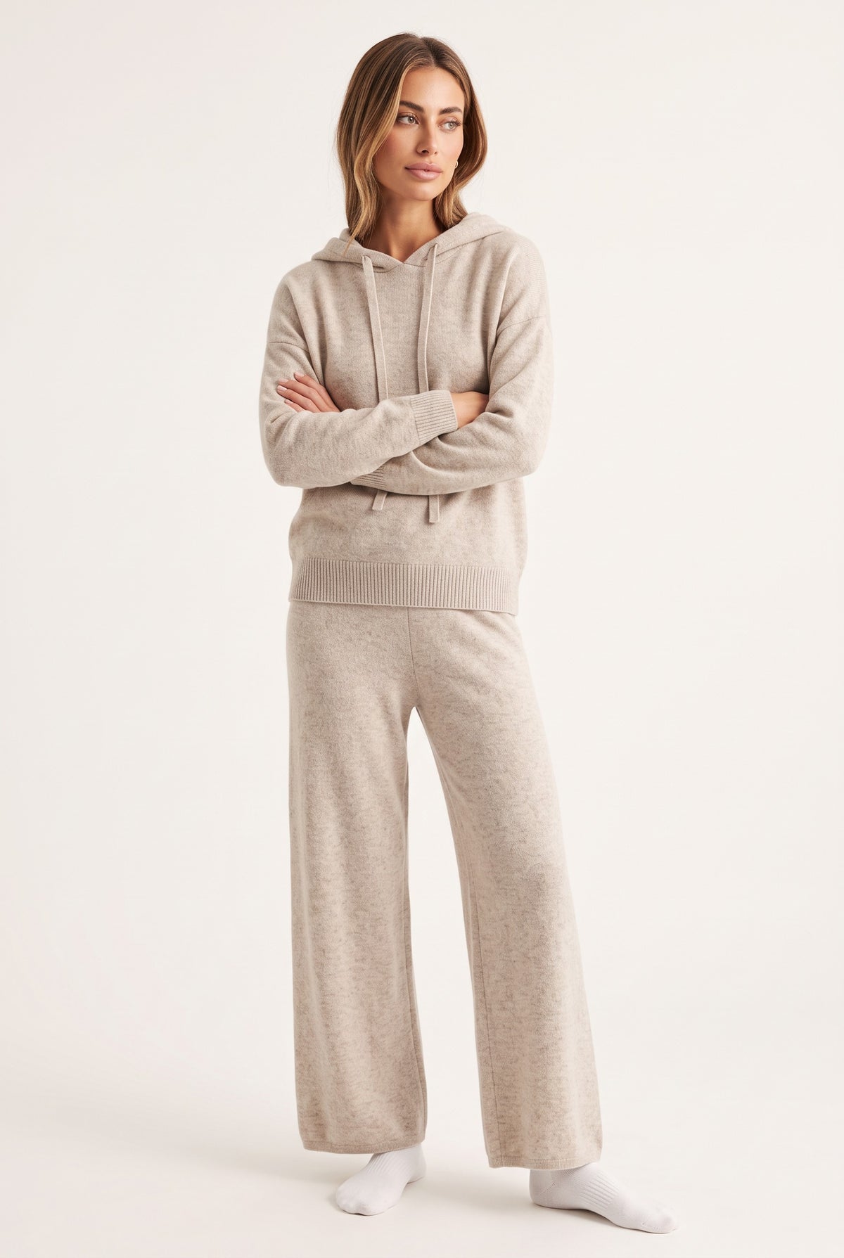 Hooded pure cashmere set in Light Camel Set