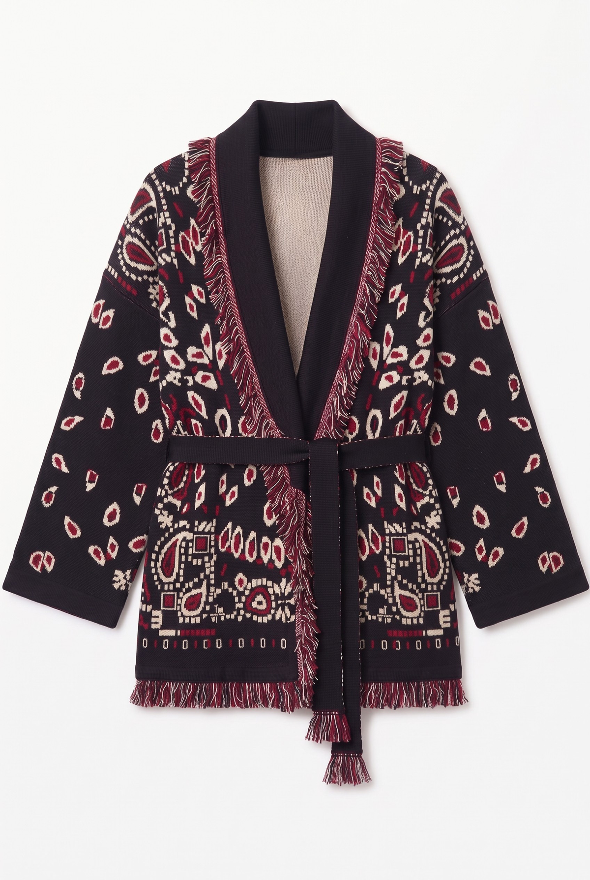 Black & Red knitted patchwork cardigan, flat lay