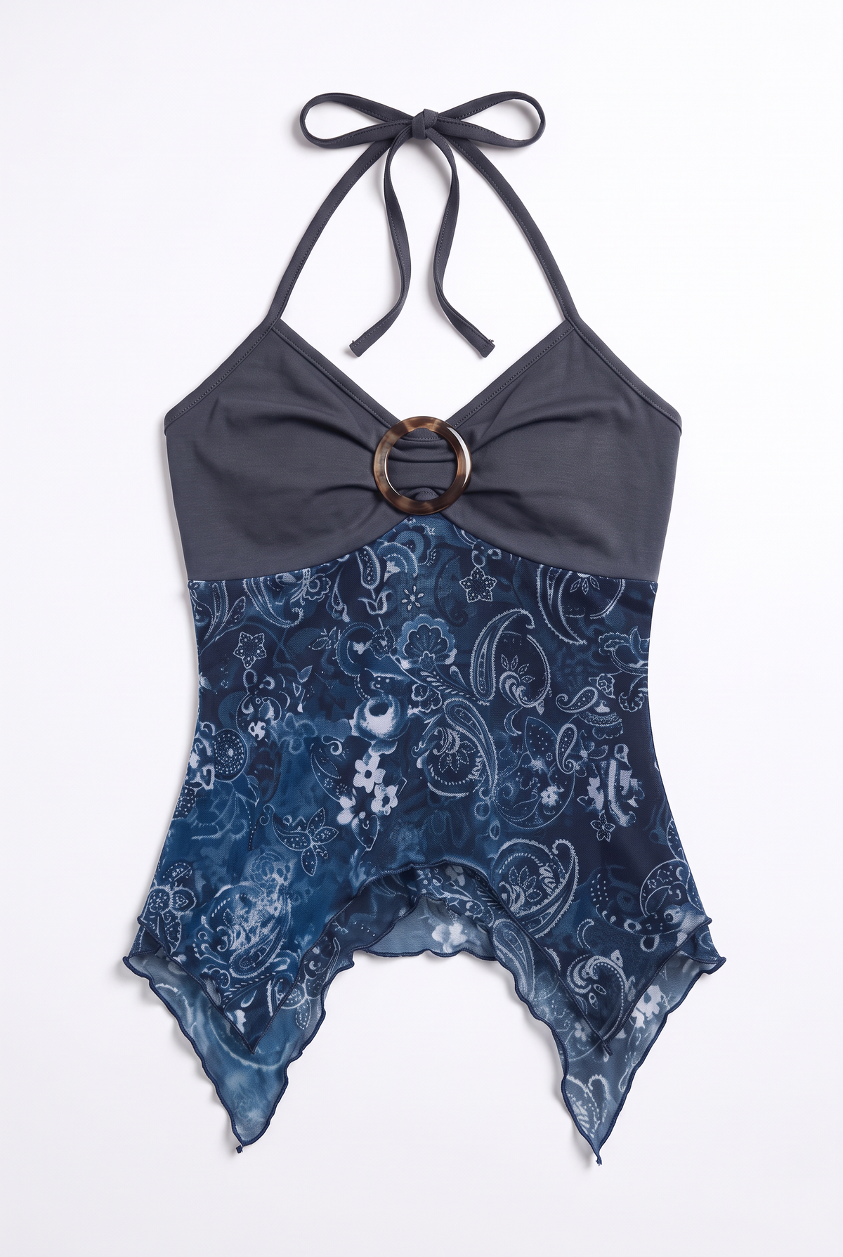 Blue printed halter top, flat lay front